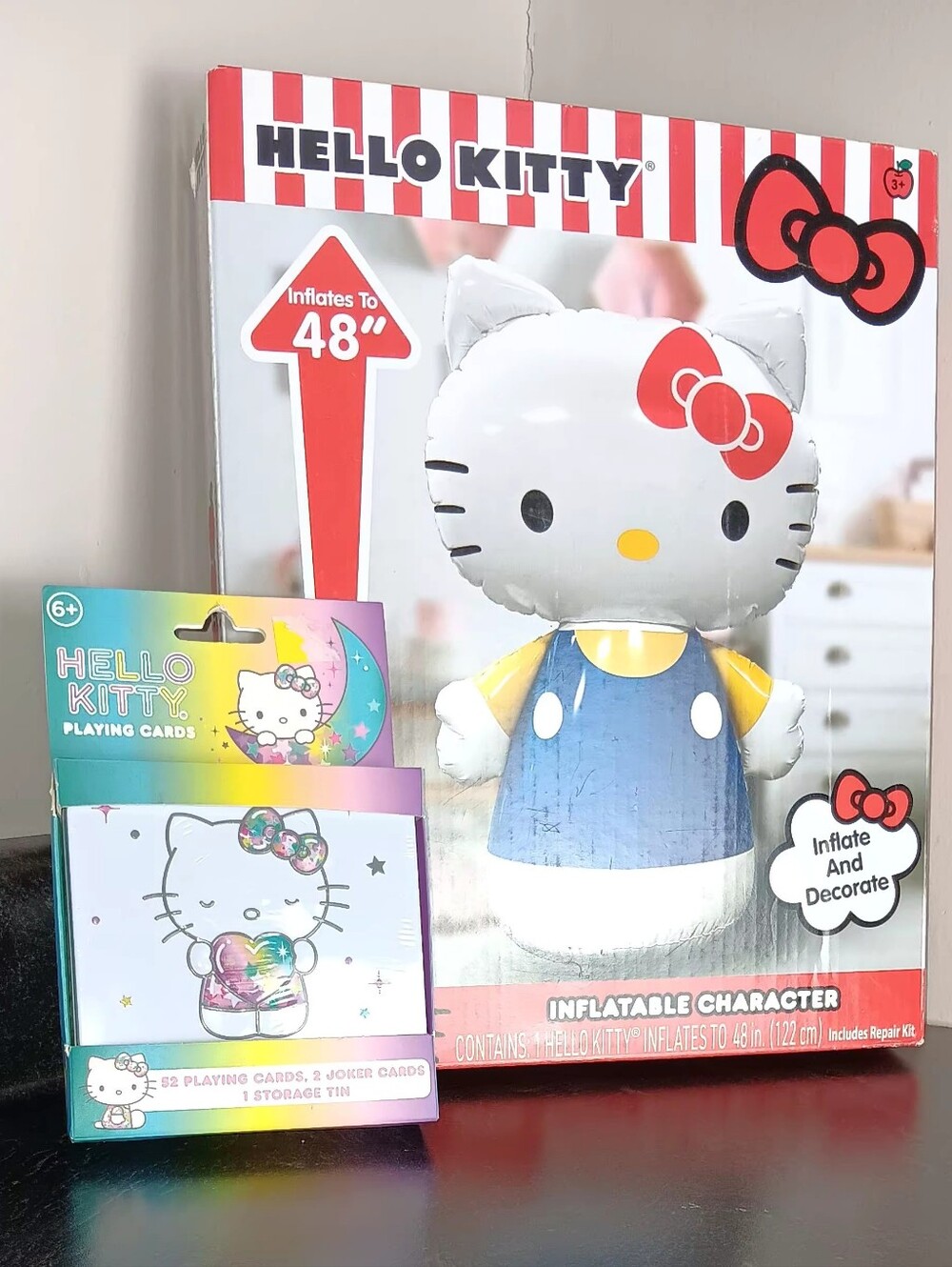 Hello Kitty Inflatable Figure with Red Bow & Blue Dress Cards Included.